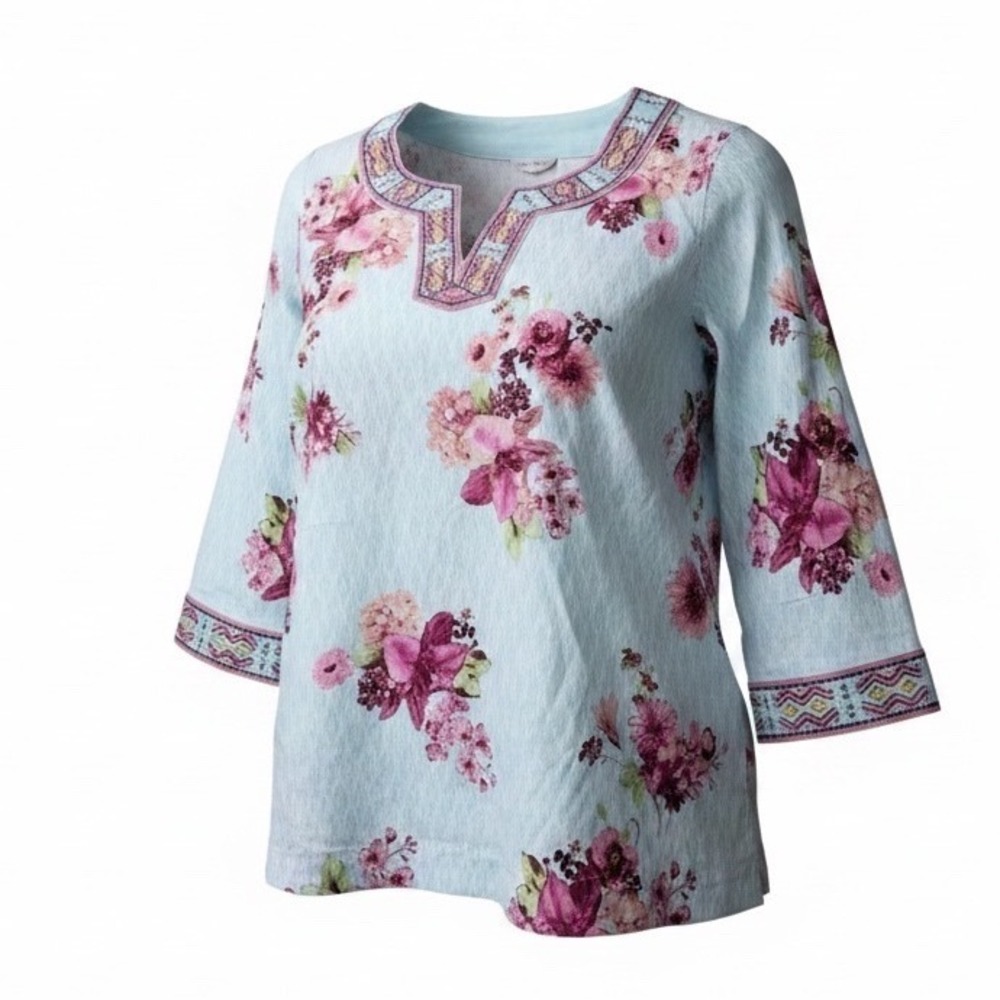 John Mark Womens Size 3X Blue Floral Beaded V-Neck Linen Blend Tunic NWT